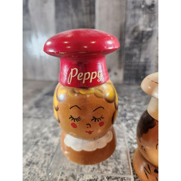 Vintage Salty & Peppy Retro Kitchen Salt Pepper Shakers Chef Large Wooden - Picture 4 of 8